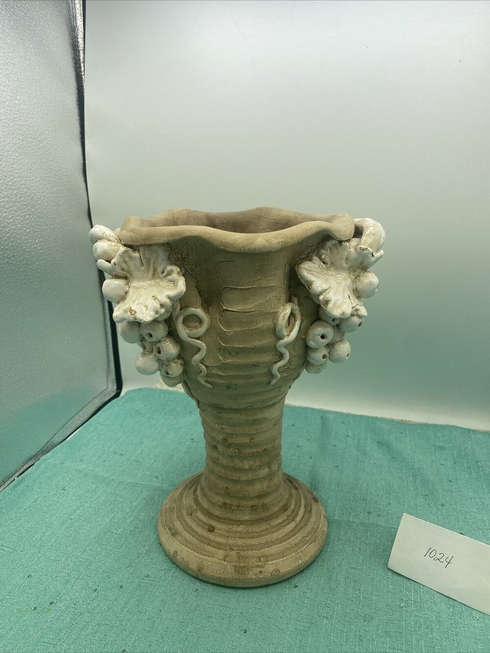 Vintage Antique Earthenware Chalice Pottery Applied Porcelain Grapes Snakes Rare